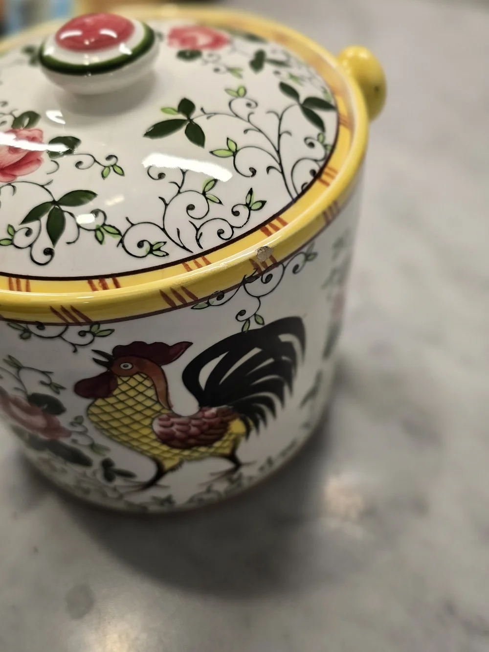 Roses And Rooster Ceramic Kitchen Canister - Yellow, Pink, Green